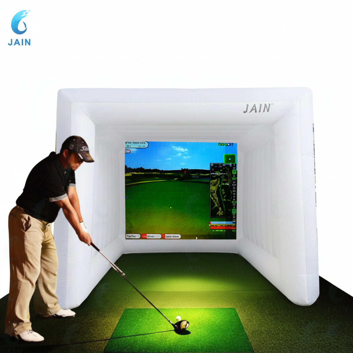 Inflatable Golf Sim Room Swing Golf Practice Cage with Built-In Fan, Oxford Cloth, Golf Simulator Enclosures